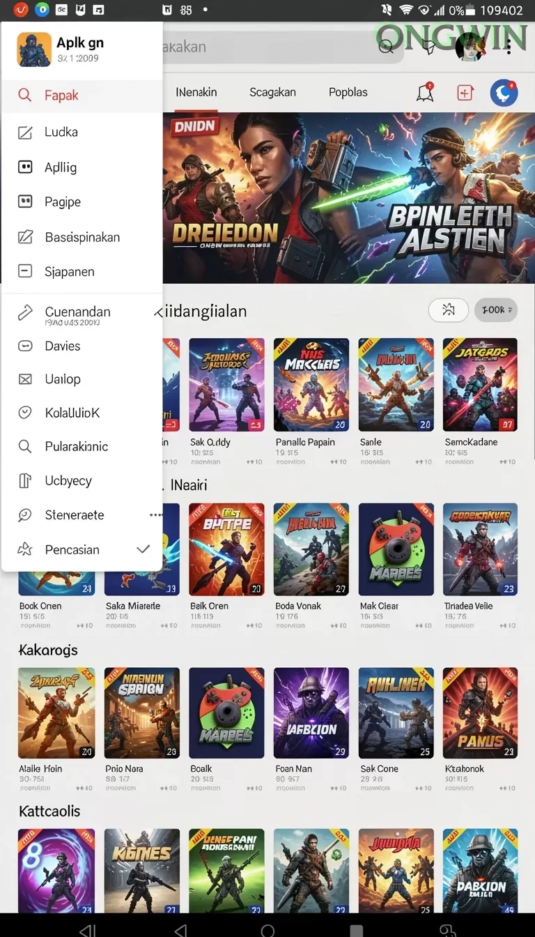 Cuplikan layar menu unduhan ongwin untuk perangkat Android